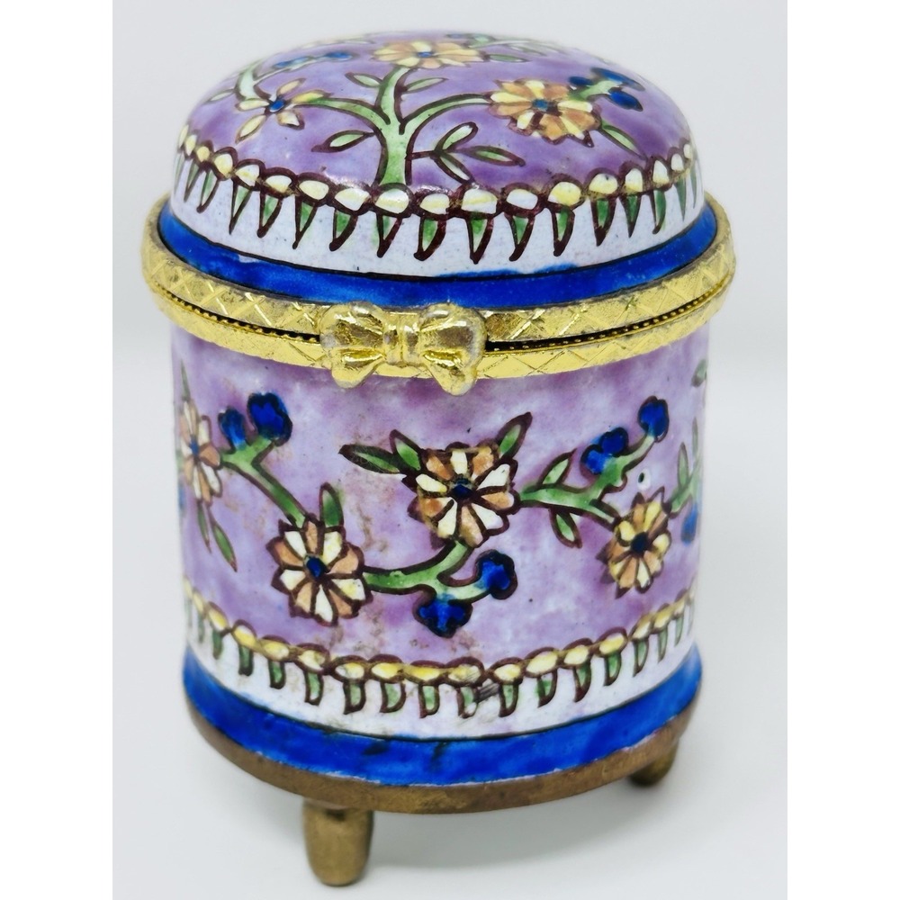 Empress Arts Enamel Floral Trinket Box Purple Blue Footed Hinged Bow Small